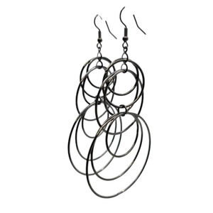 Pierced Earrings Layered Overlapping Rings Charcoal Black Tone French Wire